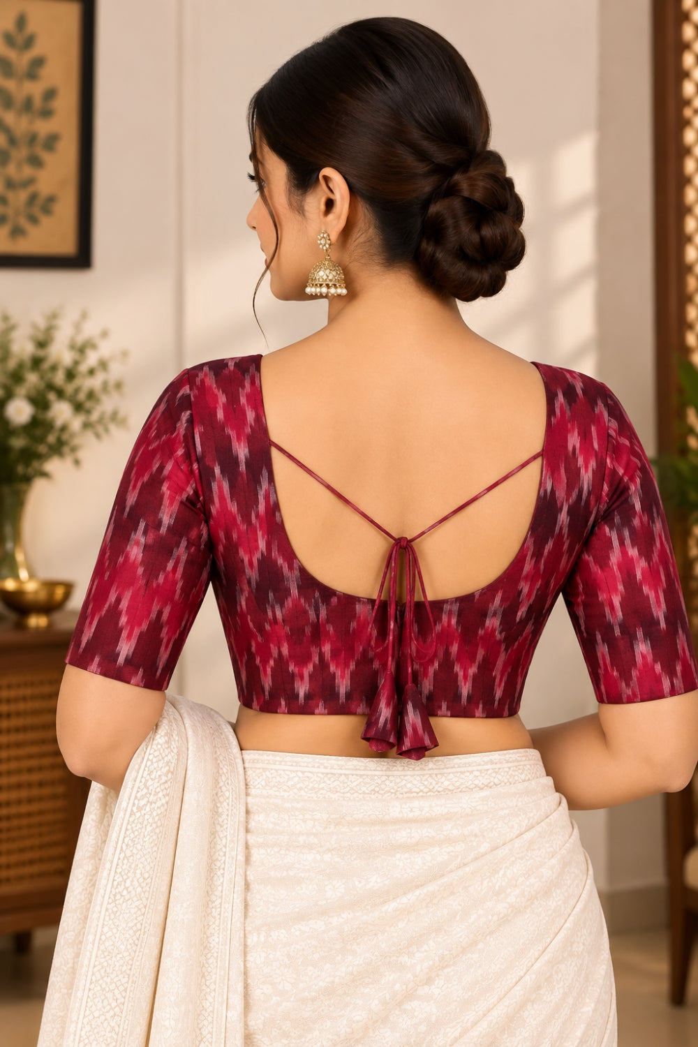 Women’s Padded Ikat Cotton Blend Readymade Saree Blouse | Square Neck Elbow Sleeve Blouse | 4410