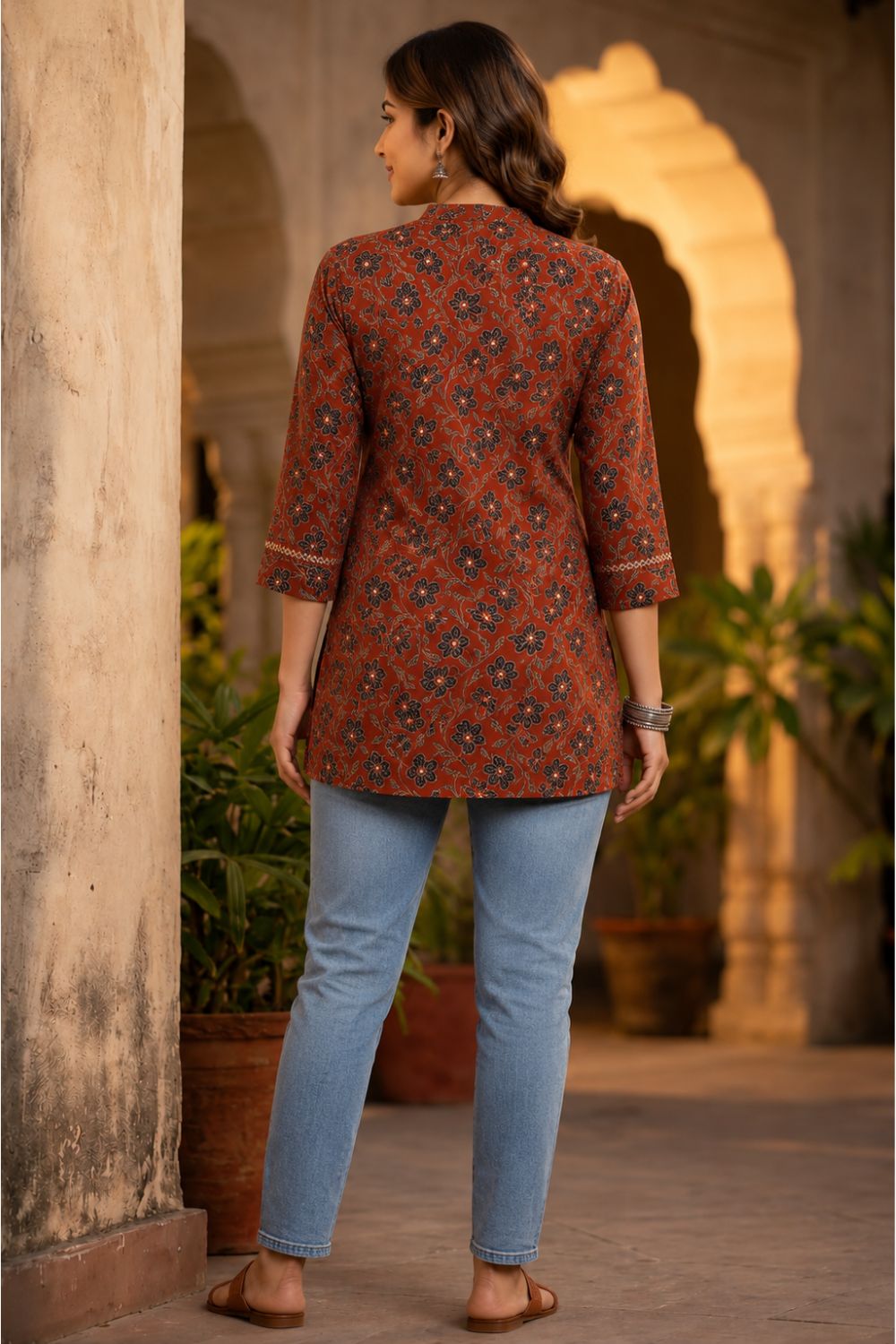 Women's Cotton Blend Printed Mandarin Collar Top | 3/4 Sleeve Casual Top for Women | Regular Fit Everyday Fashion Top - JS22