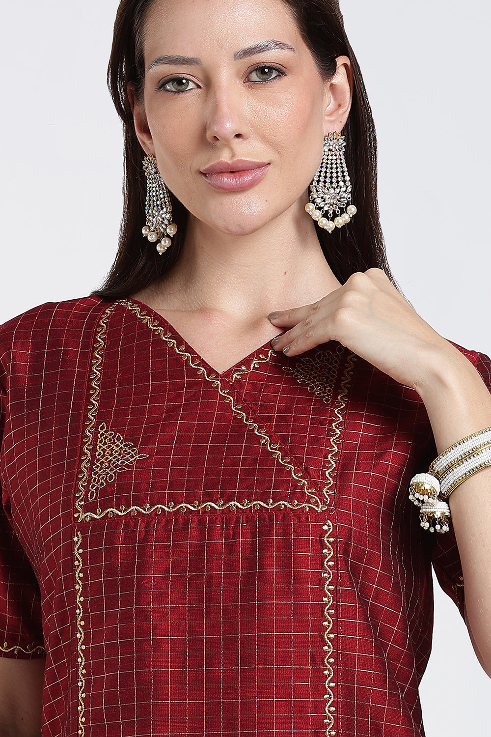 Mythri Women's Cotton Blend Embroidered Kurta Set with Wide Leg Pants | Crossover V-Neck Ethnic Kurta Set for Women | Festive & Traditional Wear - KS04