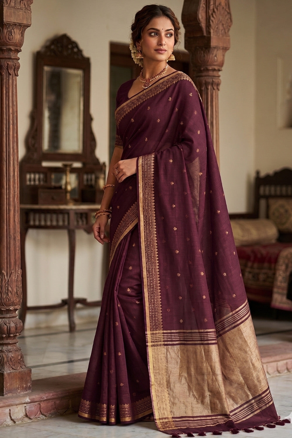 Naidu Hall Women's Maroon Khadi Cotton Blend Jacquard Saree with Blouse | Lightweight Ethnic Wear Saree - G501