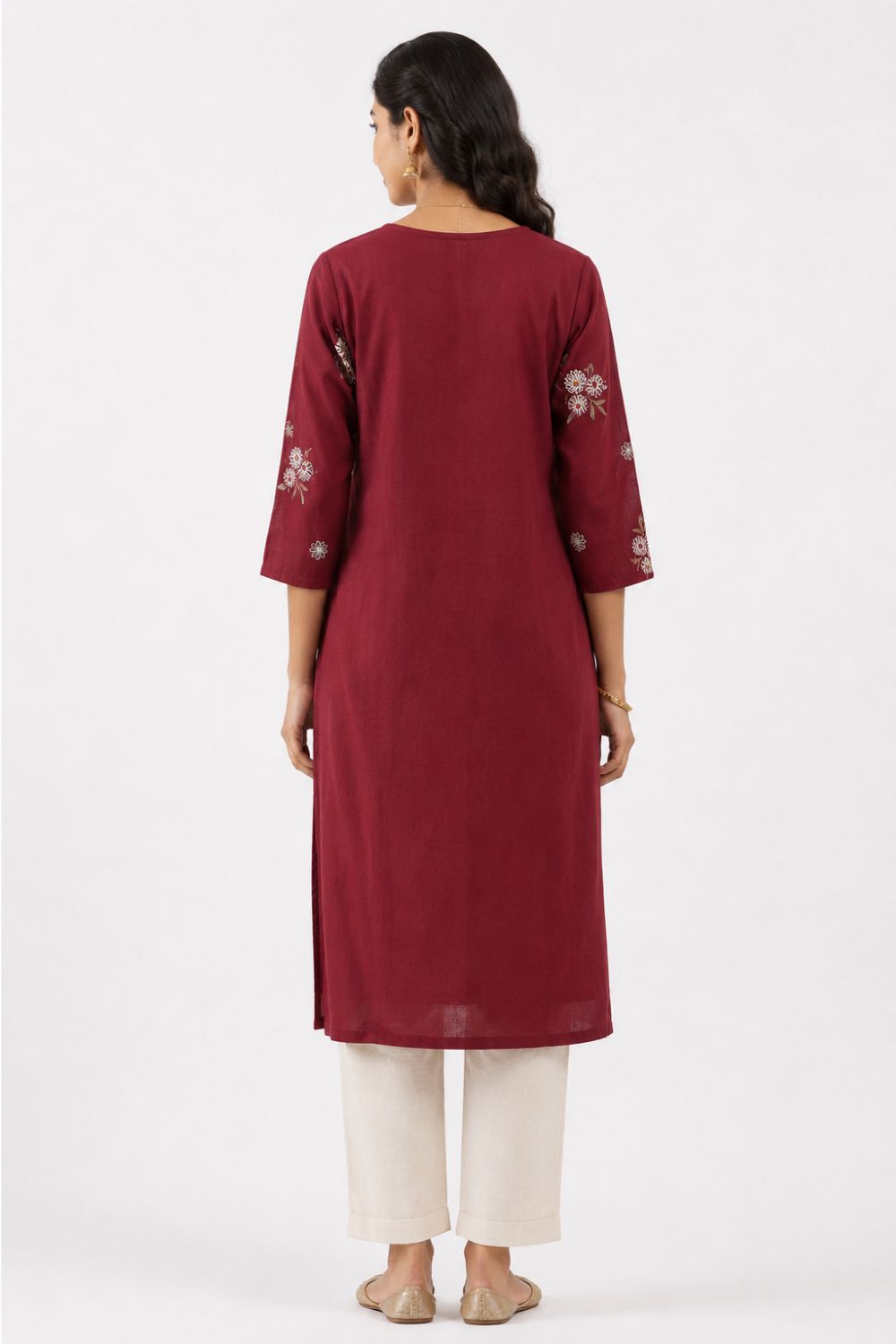Women's Cotton Flax Embroidered Kurti | V-Neck Pintuck Kurti for Women | Regular Fit Everyday Ethnic Wear with All Over Embroidery - 1396