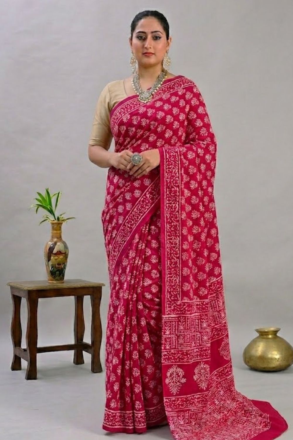 Naidu Hall Women's Maroon Jaipur Print Cotton Blend Saree with Blouse | Lightweight Ethnic Wear Saree - WS07