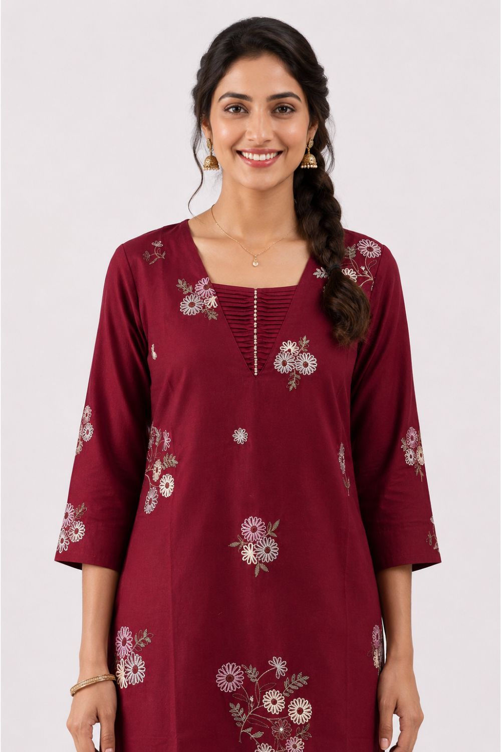 Women's Cotton Flax Embroidered Kurti | V-Neck Pintuck Kurti for Women | Regular Fit Everyday Ethnic Wear with All Over Embroidery - 1396