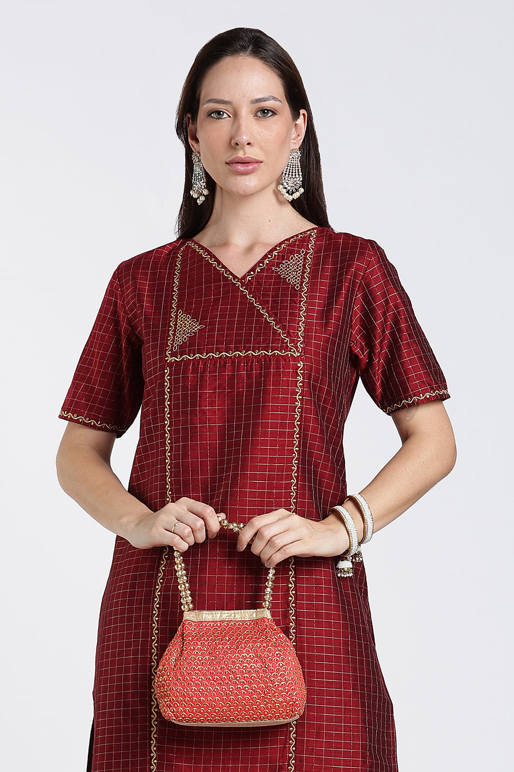 Mythri Women's Cotton Blend Embroidered Kurta Set with Wide Leg Pants | Crossover V-Neck Ethnic Kurta Set for Women | Festive & Traditional Wear - KS04