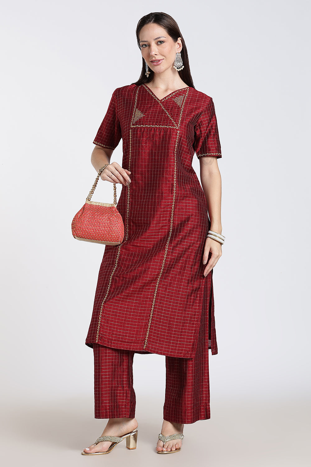 Mythri Women's Cotton Blend Embroidered Kurta Set with Wide Leg Pants | Crossover V-Neck Ethnic Kurta Set for Women | Festive & Traditional Wear - KS04
