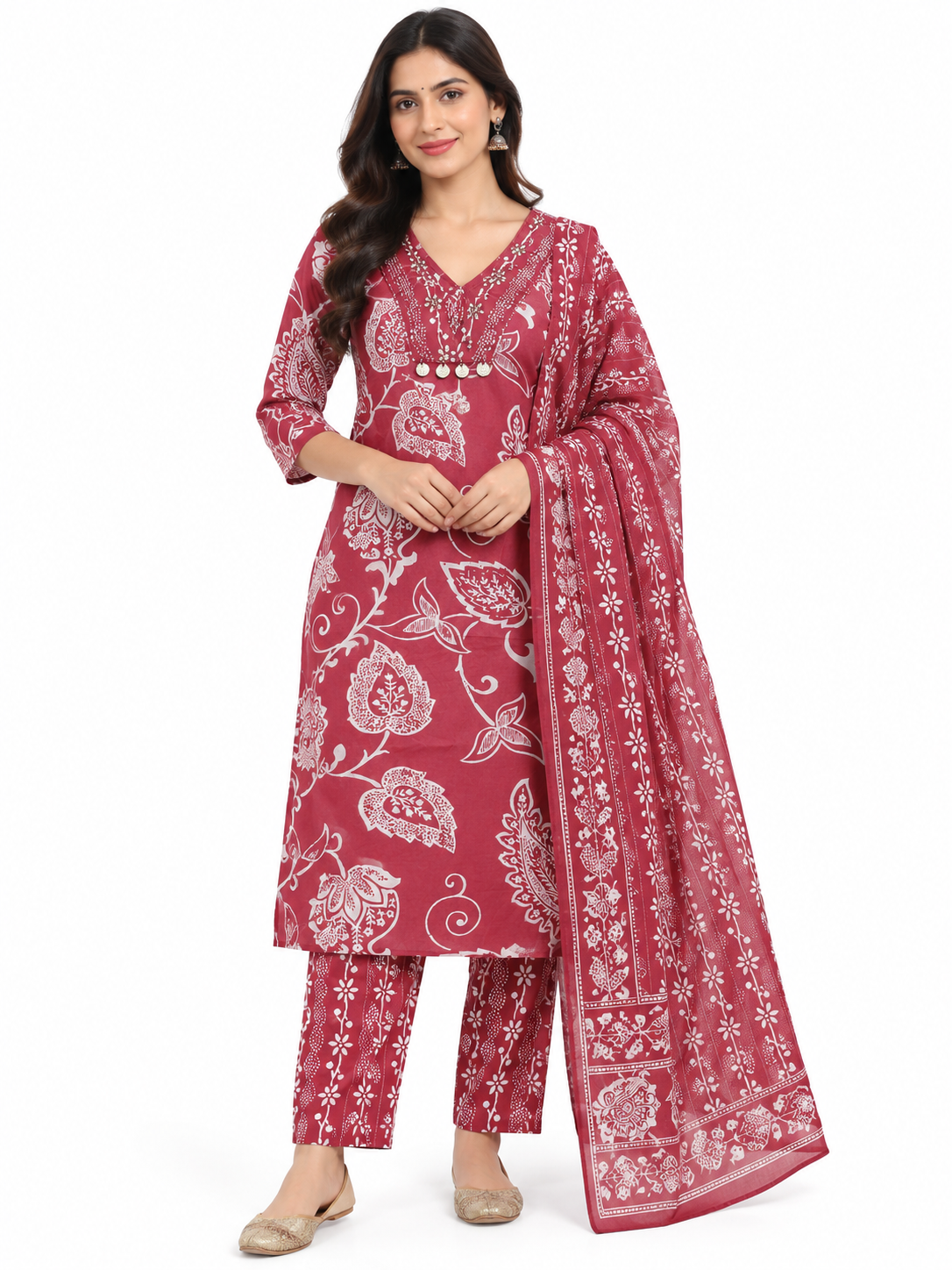 Women's Prints Cotton Blend Chudidar Set with V Neck Neckline and 3/4 Sleeve - Below Knee | Comfortable Ethnic Wear Chudidar Set for Office Wear, Daily Wear, Festive Wear - K229