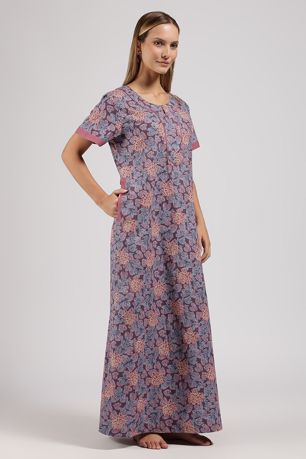Naidu Hall Printed Cotton Nighty for Women – Full Length A-Line Sleepwear with Keyhole Neck & Contrast Piping | Comfortable Daily Wear Nighty
 - N135