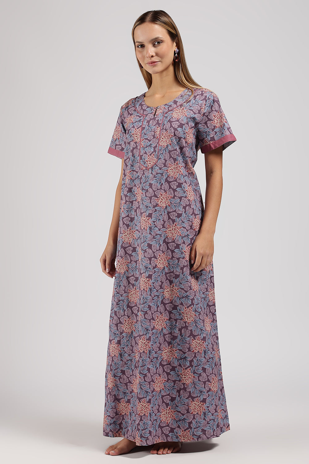 Naidu Hall Printed Cotton Nighty for Women – Full Length A-Line Sleepwear with Keyhole Neck & Contrast Piping | Comfortable Daily Wear Nighty
 - N135