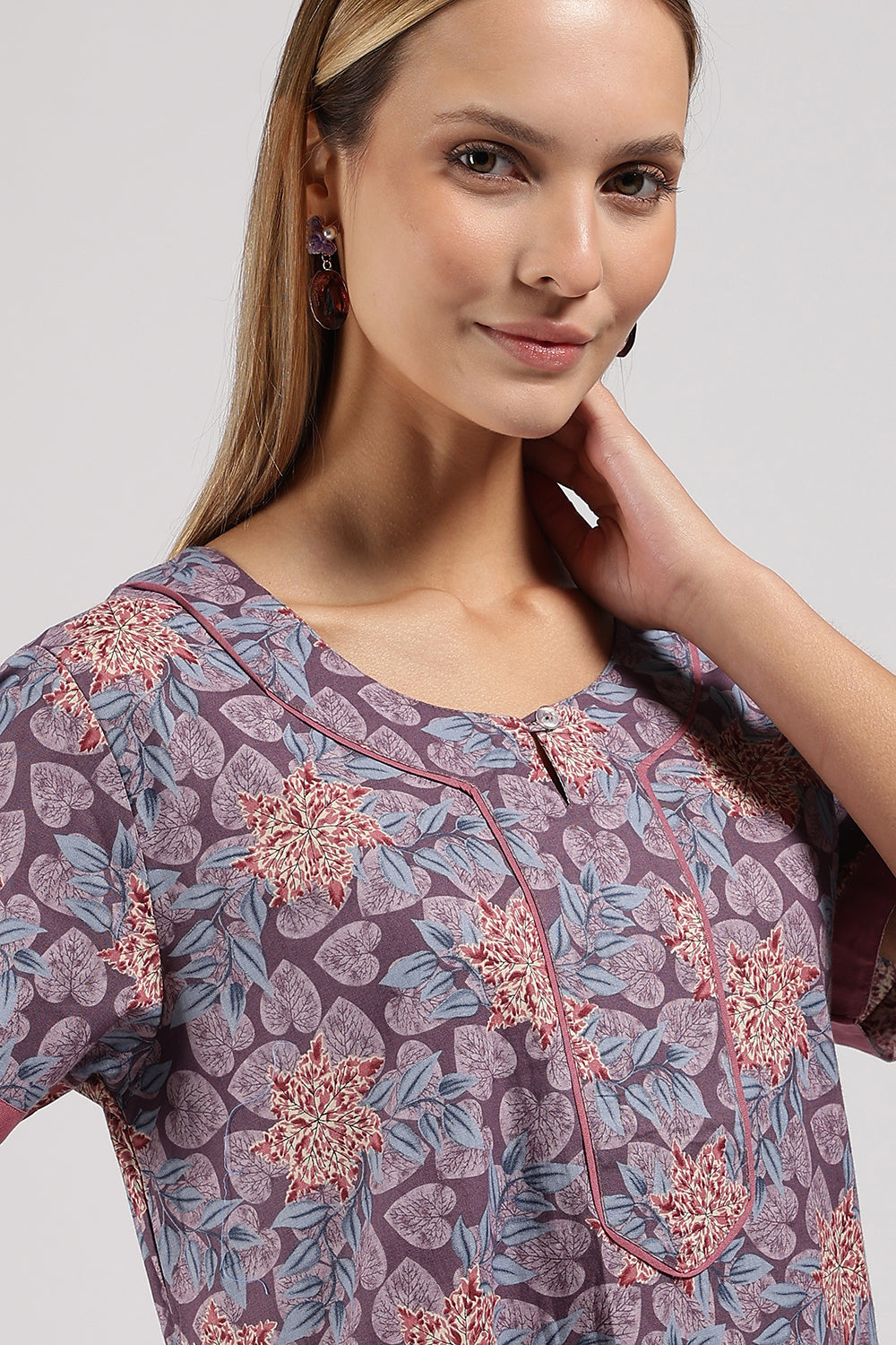 Naidu Hall Printed Cotton Nighty for Women – Full Length A-Line Sleepwear with Keyhole Neck & Contrast Piping | Comfortable Daily Wear Nighty
 - N135