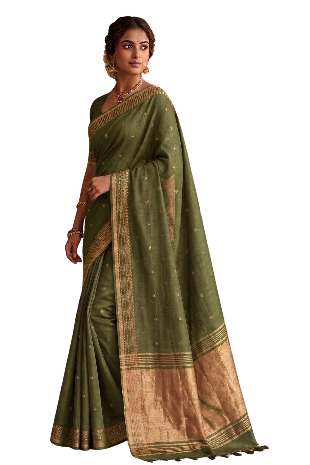 Naidu Hall Women's Mehandi Green Khadi Cotton Blend Jacquard Saree with Blouse | Lightweight Ethnic Wear Saree - G501