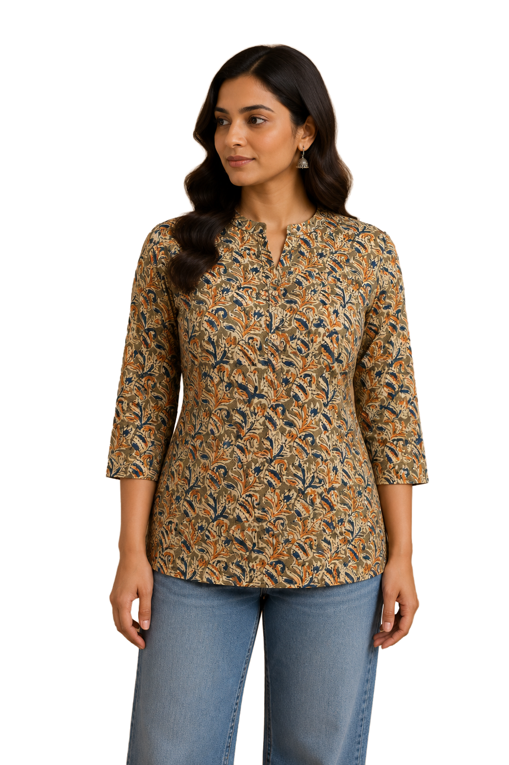 Women's Cotton Blend Printed Mandarin Collar Top | 3/4 Sleeve Casual Top for Women | Regular Fit Everyday Office & Casual Wear - JS25