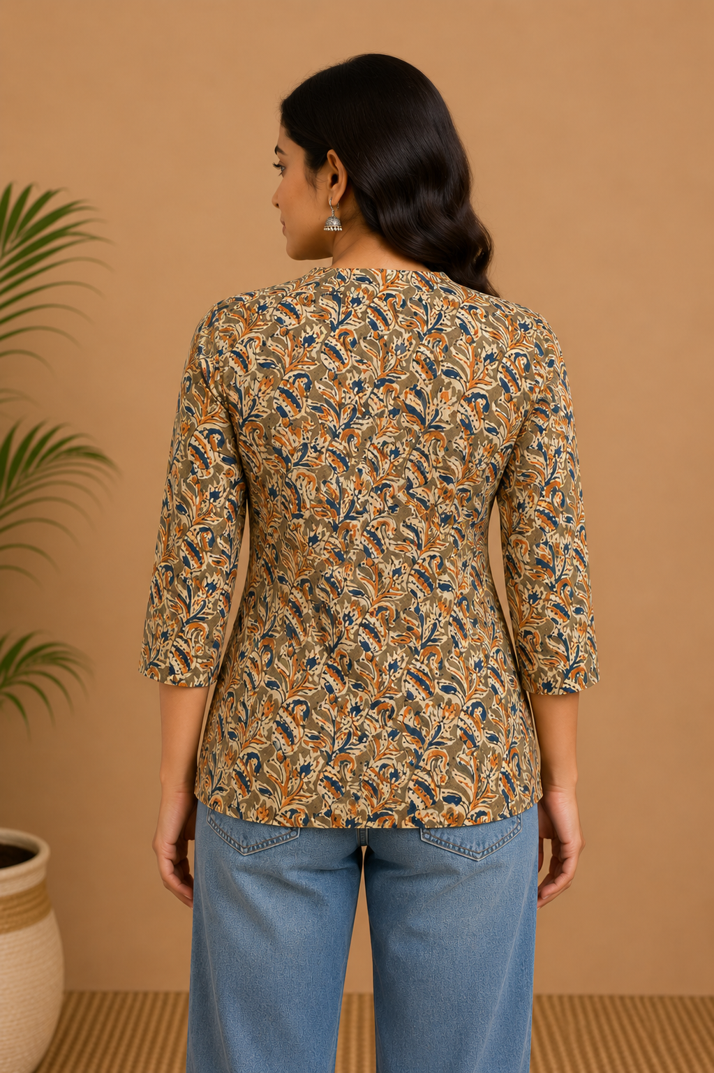 Women's Cotton Blend Printed Mandarin Collar Top | 3/4 Sleeve Casual Top for Women | Regular Fit Everyday Office & Casual Wear - JS25