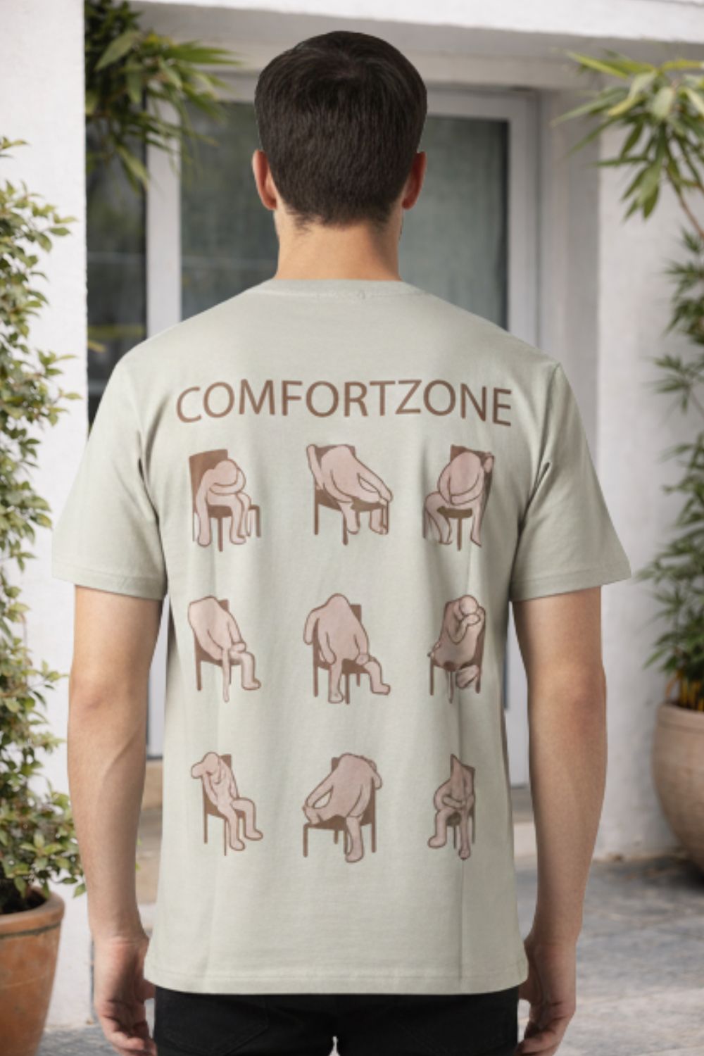 Enhance Men’s Cotton Graphic Printed T-Shirt | “Ways to Sit” Round Neck Half Sleeve Crew Neck Tee | Front & Back Print COMFORTZONE Design | Everyday Casual Streetwear - Light Grey - TG07