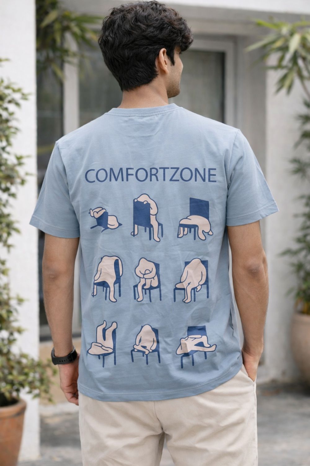 Enhance Men’s Cotton Graphic Printed T-Shirt | “Ways to Sit” Round Neck Half Sleeve Crew Neck Tee | Front & Back Print COMFORTZONE Design | Everyday Casual Streetwear - Blue - TG07