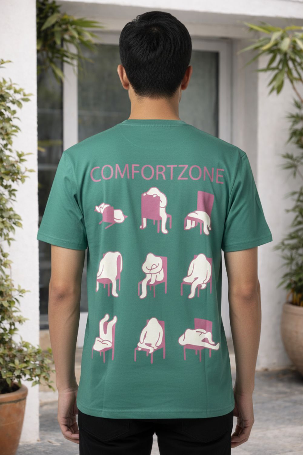 Enhance Men’s Cotton Graphic Printed T-Shirt | “Ways to Sit” Round Neck Half Sleeve Crew Neck Tee | Front & Back Print COMFORTZONE Design | Everyday Casual Streetwear - Green - TG07