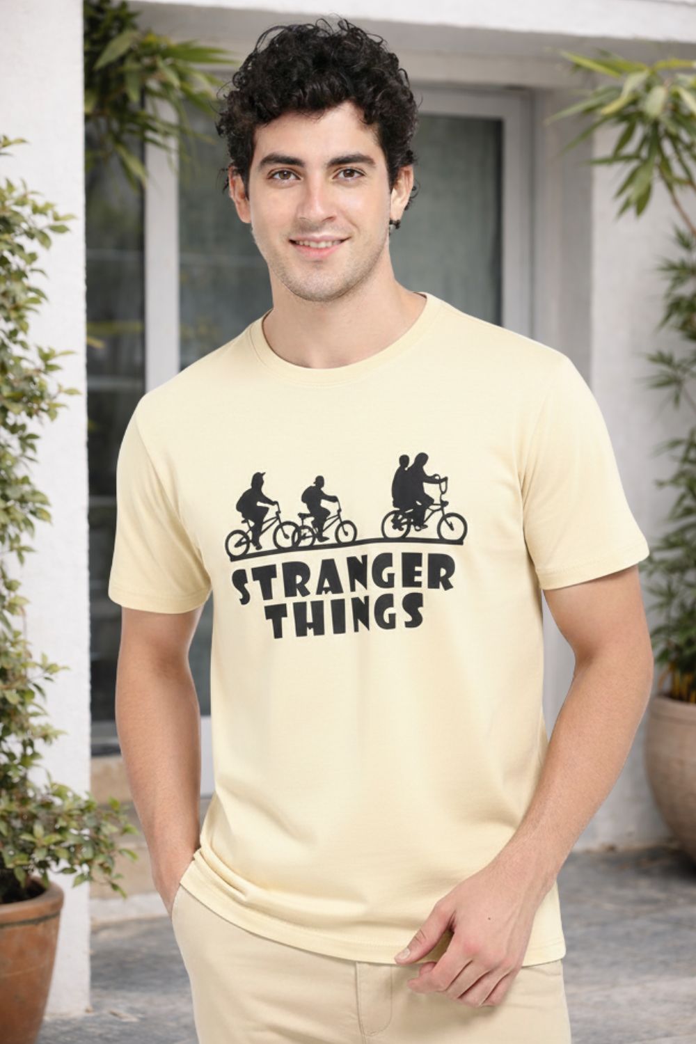 Enhance Men’s Cotton Graphic Printed T-Shirt | “Stranger Things” Round Neck Half Sleeve Crew Neck Tee | Front & Back Print | Everyday Casual Streetwear - Cream - TG11