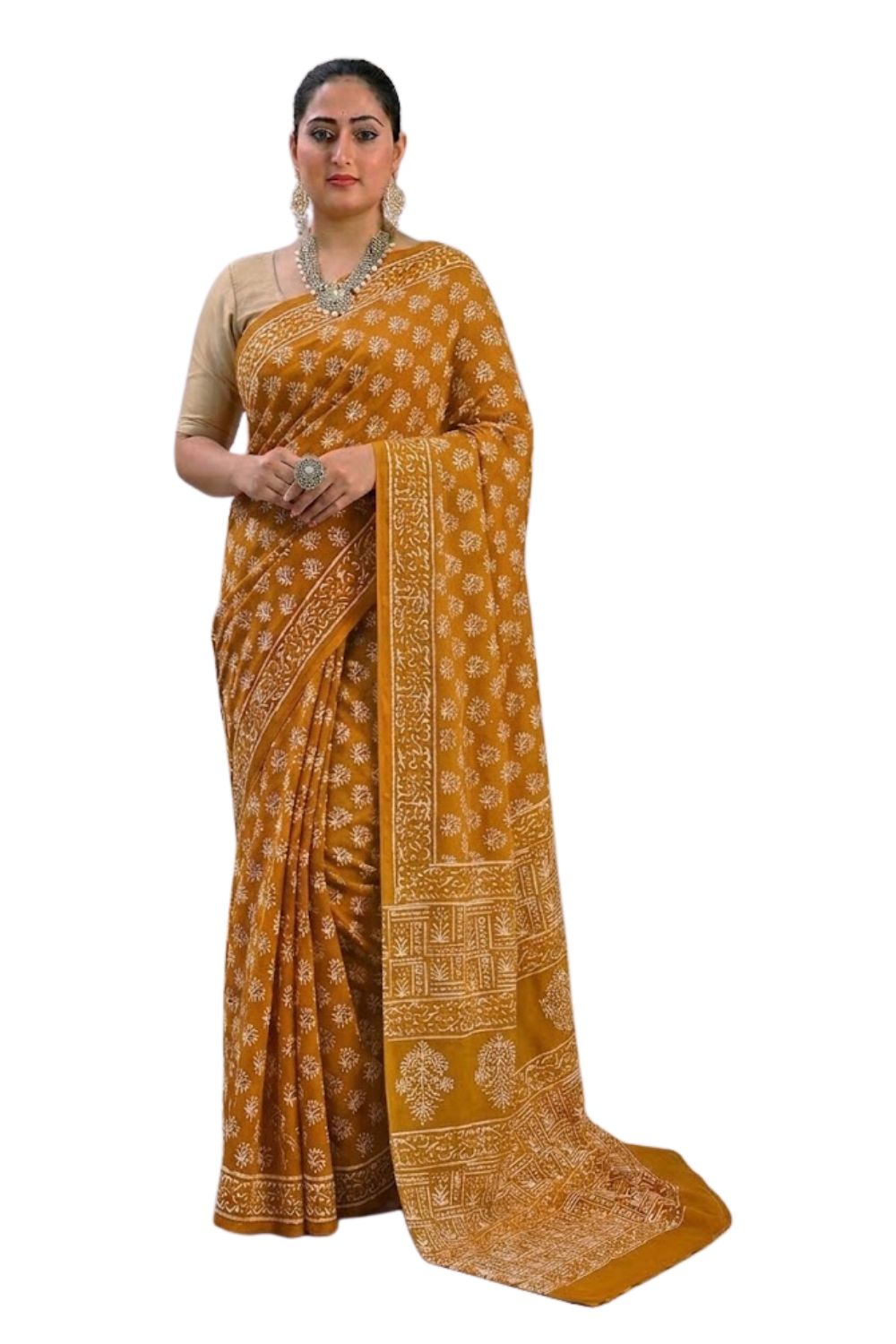 Naidu Hall Women's Mustard Jaipur Print Cotton Blend Saree with Blouse | Lightweight Ethnic Wear Saree - WS07