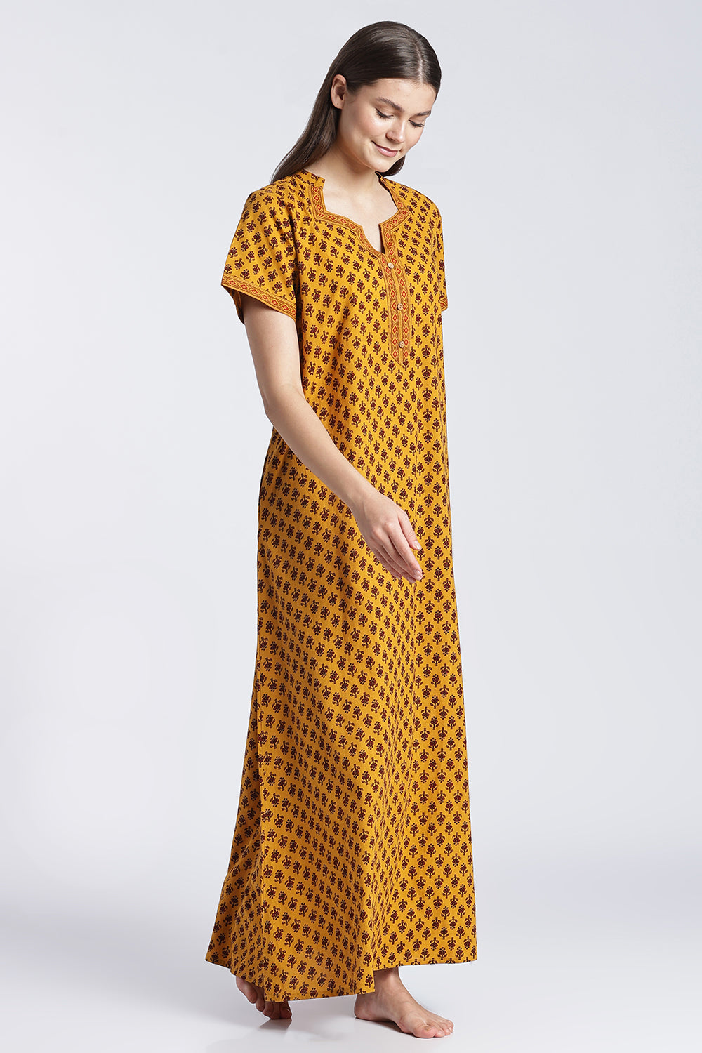 Naidu Hall Women’s Printed Cotton Nighty | Floral Block Print V-Neck Night Dress with Short Sleeves | Relaxed Fit Daily Wear & Sleepwear
 - NB50