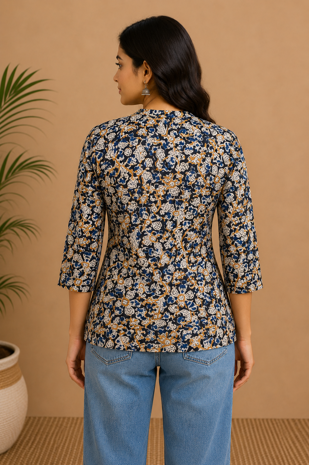 Women's Cotton Blend Printed Mandarin Collar Top | 3/4 Sleeve Casual Top for Women | Regular Fit Everyday Office & Casual Wear - JS25