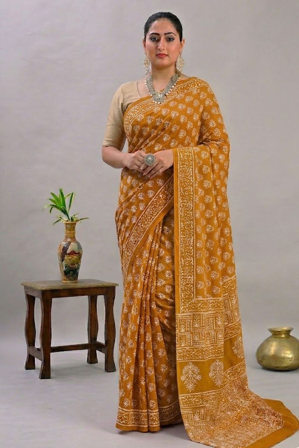 Naidu Hall Women's Mustard Jaipur Print Cotton Blend Saree with Blouse | Lightweight Ethnic Wear Saree - WS07