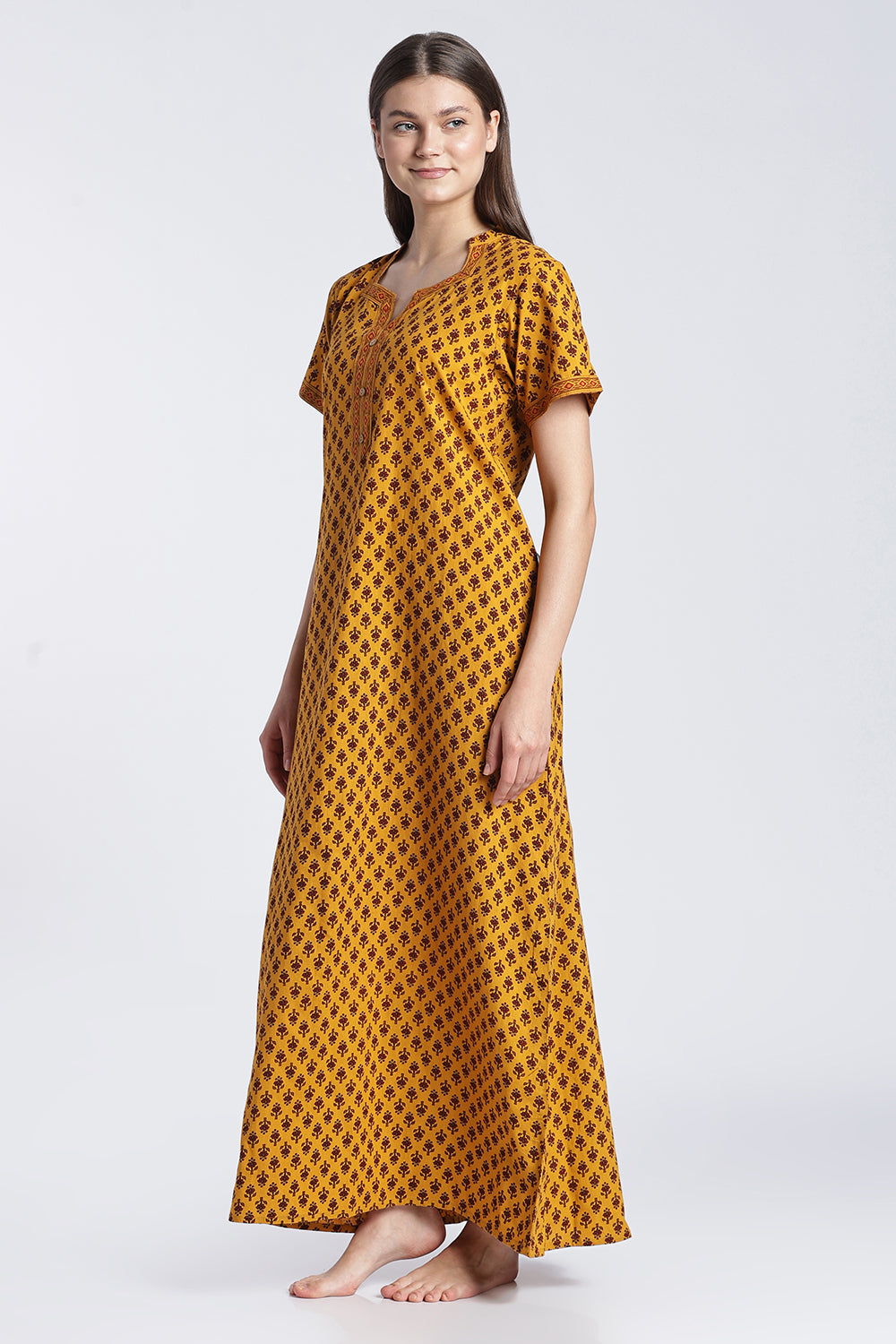 Naidu Hall Women’s Printed Cotton Nighty | Floral Block Print V-Neck Night Dress with Short Sleeves | Relaxed Fit Daily Wear & Sleepwear
 - NB50