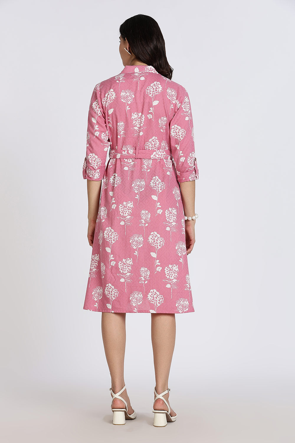 Mythri Women’s Dress Cotton Shirt Dress Casual Button Down Belted Midi Dress with Flare and Foldable Sleeves - Dark Pink - DR06