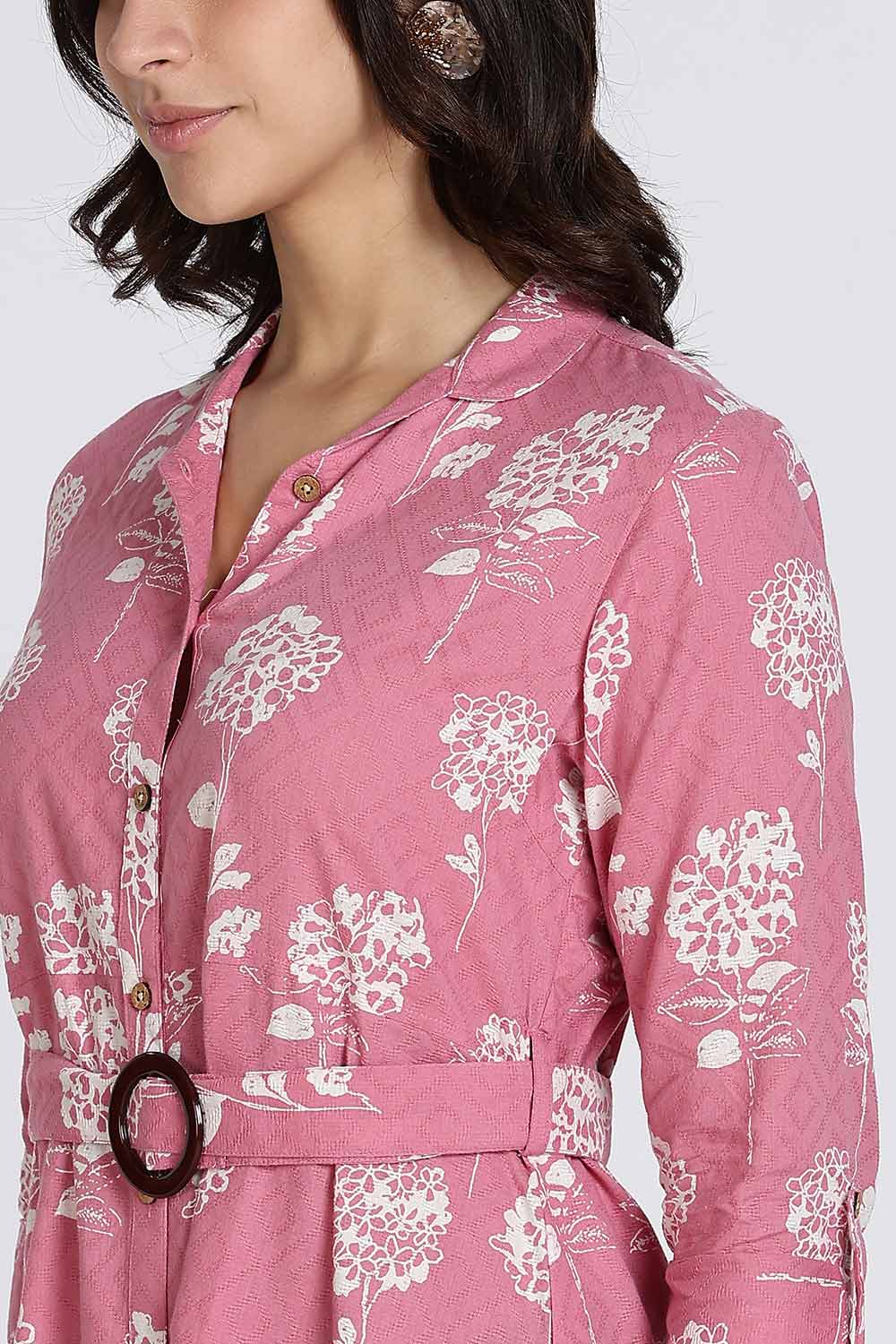 Mythri Women’s Dress Cotton Shirt Dress Casual Button Down Belted Midi Dress with Flare and Foldable Sleeves - Dark Pink - DR06