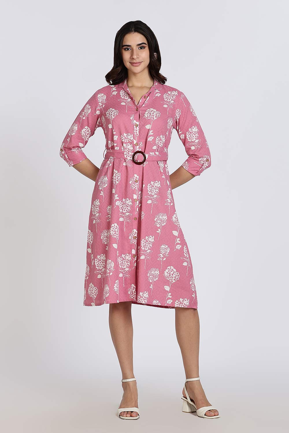Mythri Women’s Dress Cotton Shirt Dress Casual Button Down Belted Midi Dress with Flare and Foldable Sleeves - Dark Pink - DR06