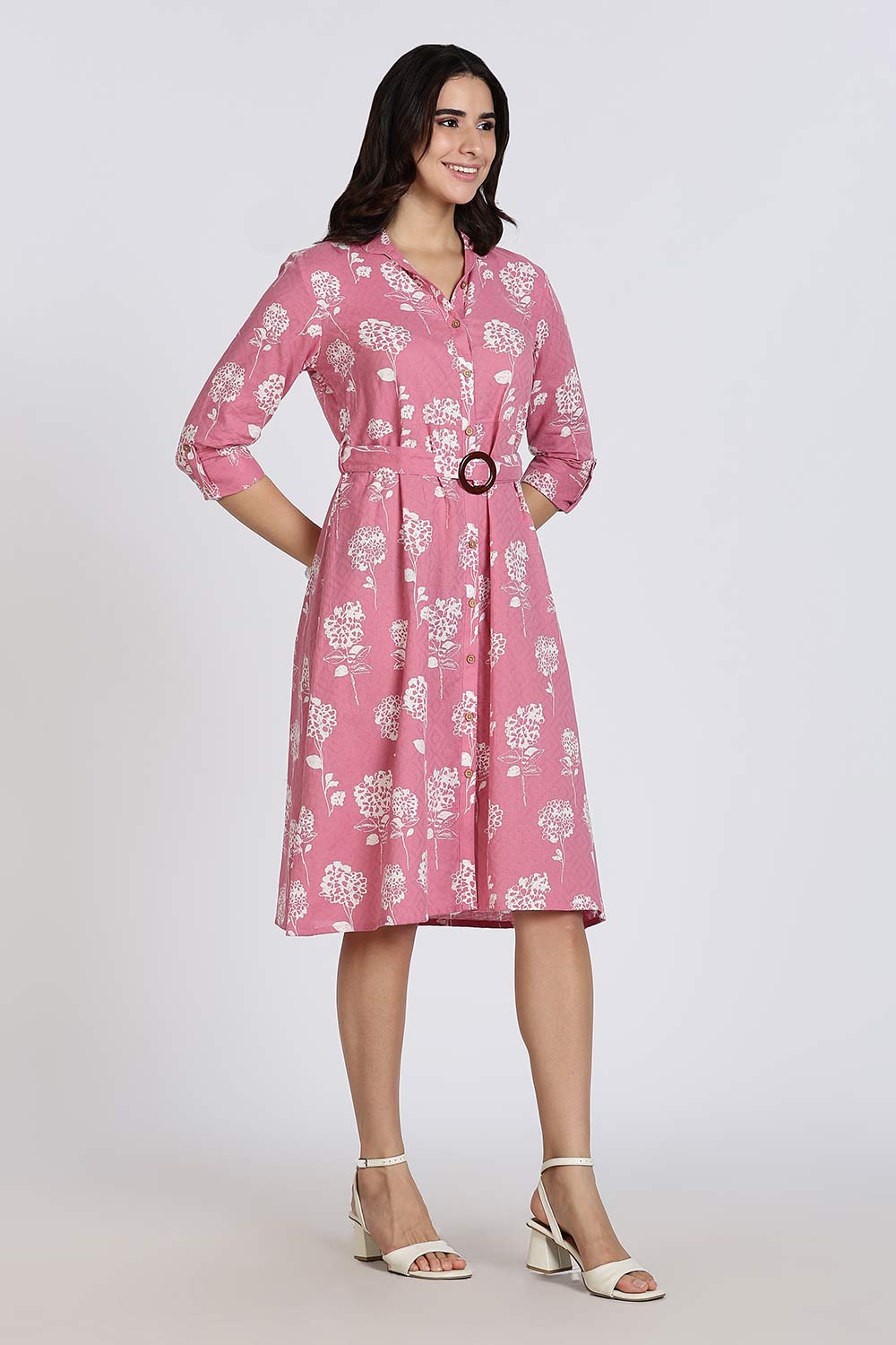 Mythri Women’s Dress Cotton Shirt Dress Casual Button Down Belted Midi Dress with Flare and Foldable Sleeves - Dark Pink - DR06