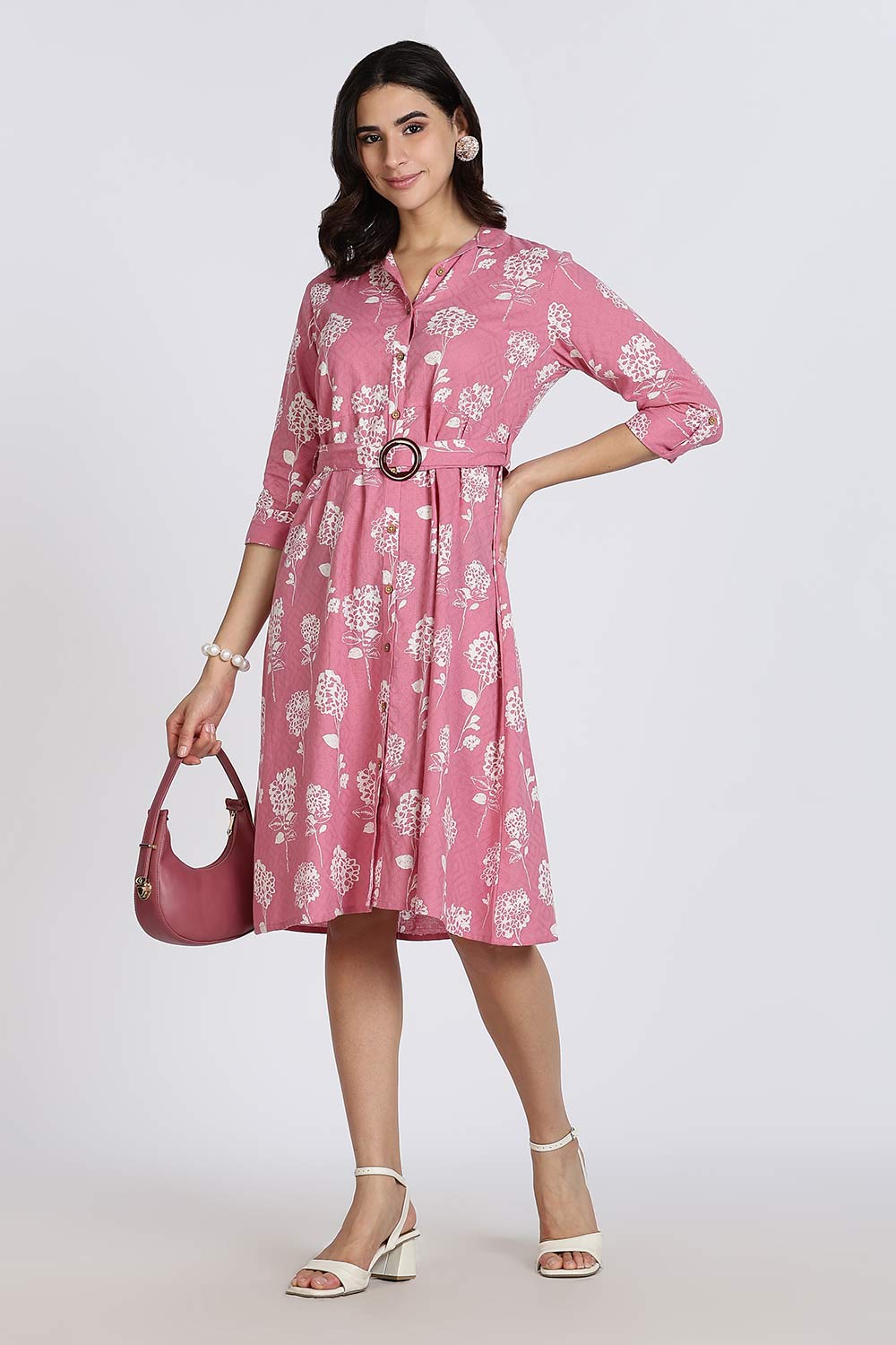 Mythri Women’s Dress Cotton Shirt Dress Casual Button Down Belted Midi Dress with Flare and Foldable Sleeves - Dark Pink - DR06