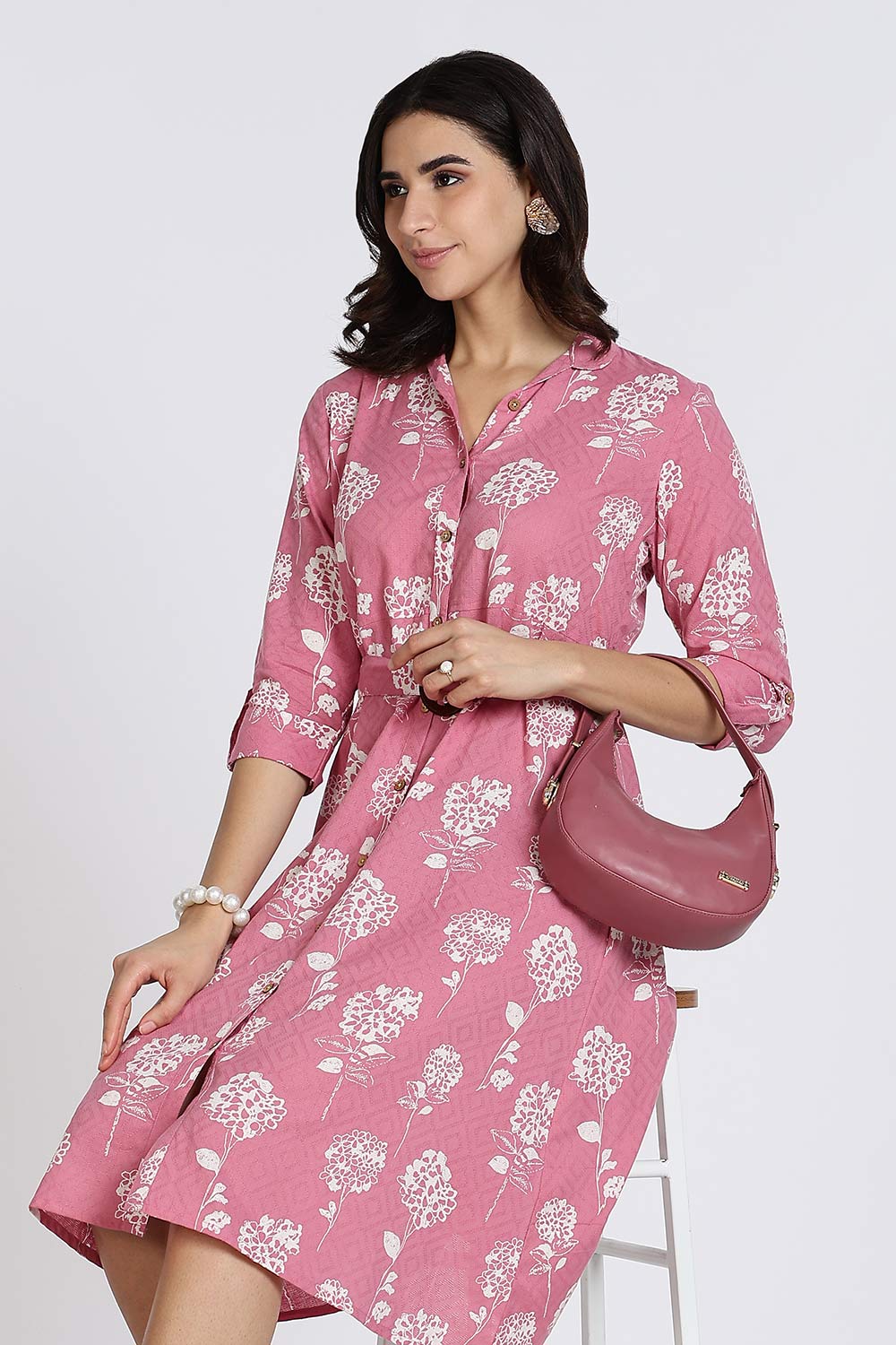 Mythri Women’s Dress Cotton Shirt Dress Casual Button Down Belted Midi Dress with Flare and Foldable Sleeves - Dark Pink - DR06