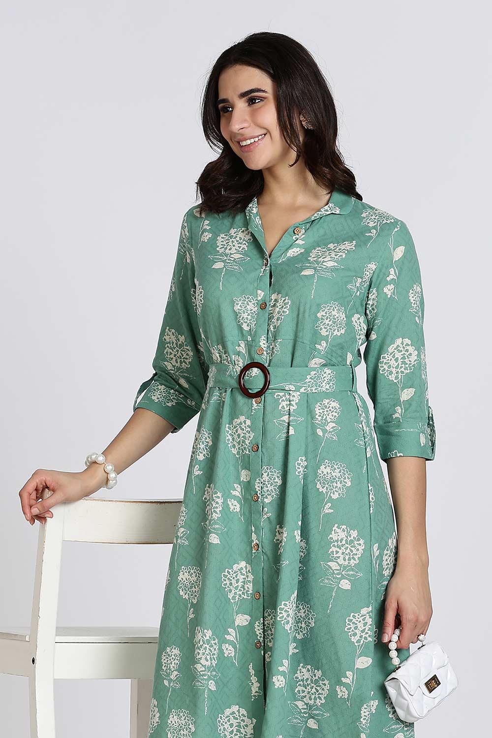 Mythri Women’s Dress Cotton Shirt Dress Casual Button Down Belted Midi Dress with Flare and Foldable Sleeves - Green - DR06