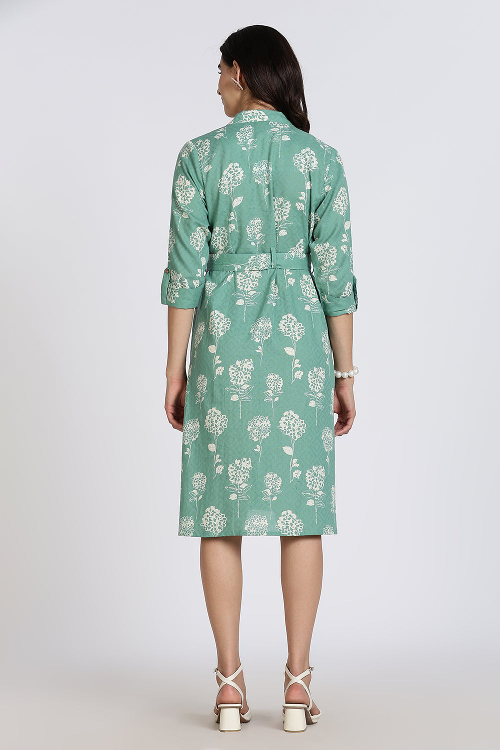 Mythri Women’s Dress Cotton Shirt Dress Casual Button Down Belted Midi Dress with Flare and Foldable Sleeves - Green - DR06