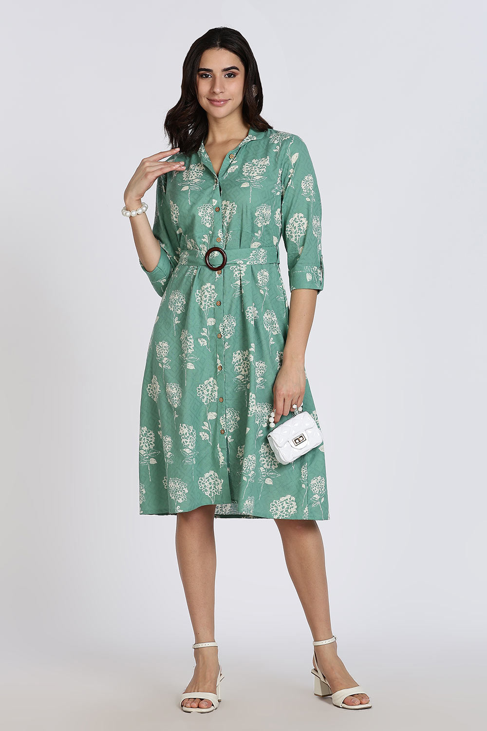 Mythri Women’s Dress Cotton Shirt Dress Casual Button Down Belted Midi Dress with Flare and Foldable Sleeves - Green - DR06