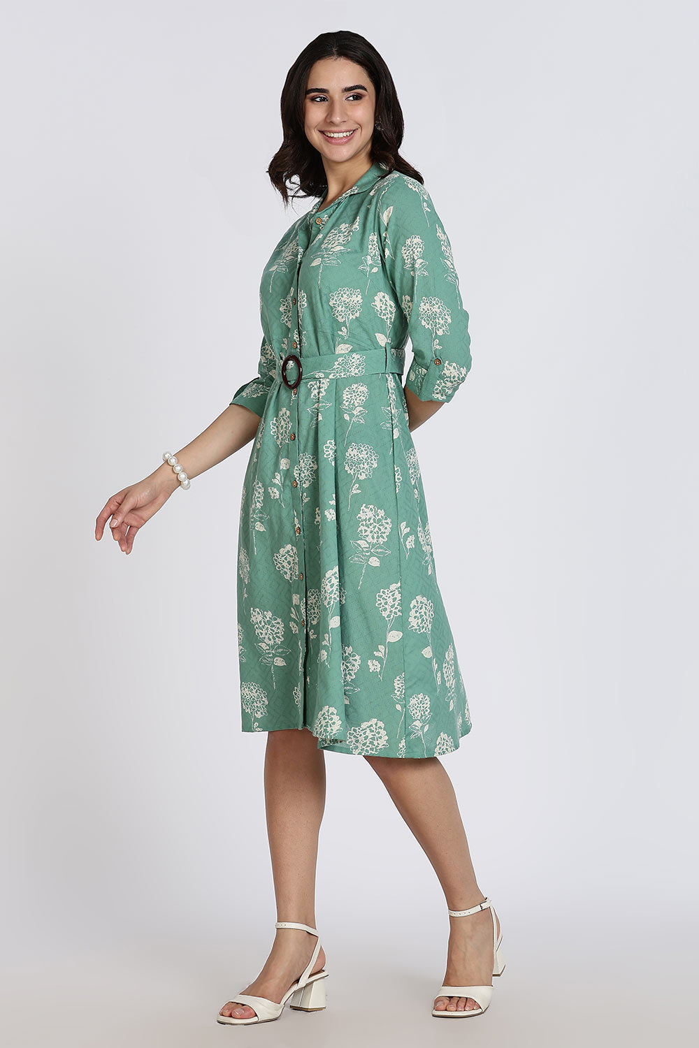 Mythri Women’s Dress Cotton Shirt Dress Casual Button Down Belted Midi Dress with Flare and Foldable Sleeves - Green - DR06