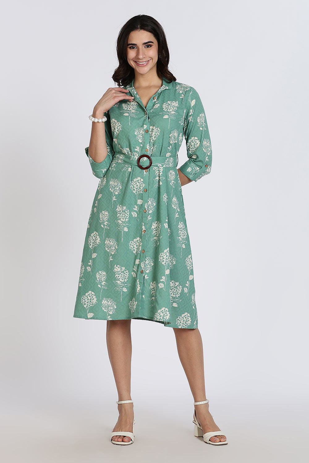 Mythri Women’s Dress Cotton Shirt Dress Casual Button Down Belted Midi Dress with Flare and Foldable Sleeves - Green - DR06