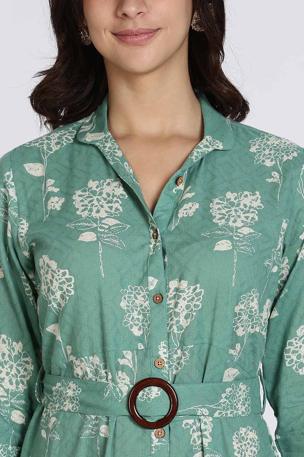 Mythri Women’s Dress Cotton Shirt Dress Casual Button Down Belted Midi Dress with Flare and Foldable Sleeves - Green - DR06