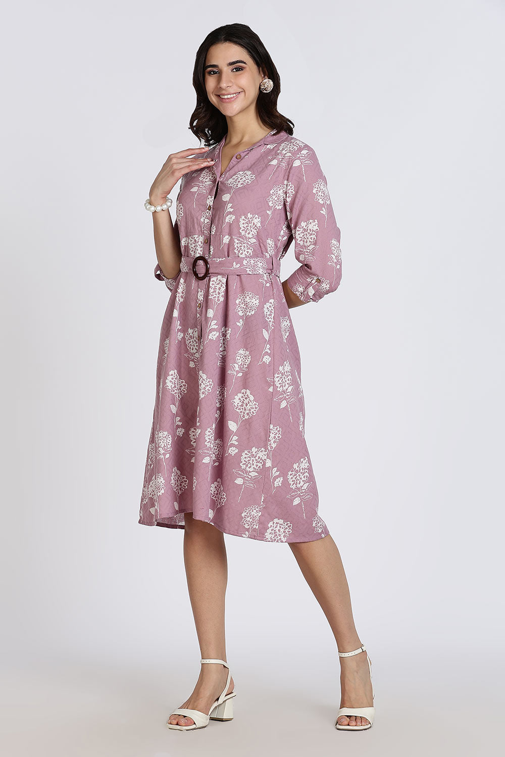 Mythri Women’s Dress Cotton Shirt Dress Casual Button Down Belted Midi Dress with Flare and Foldable Sleeves - Purple - DR06