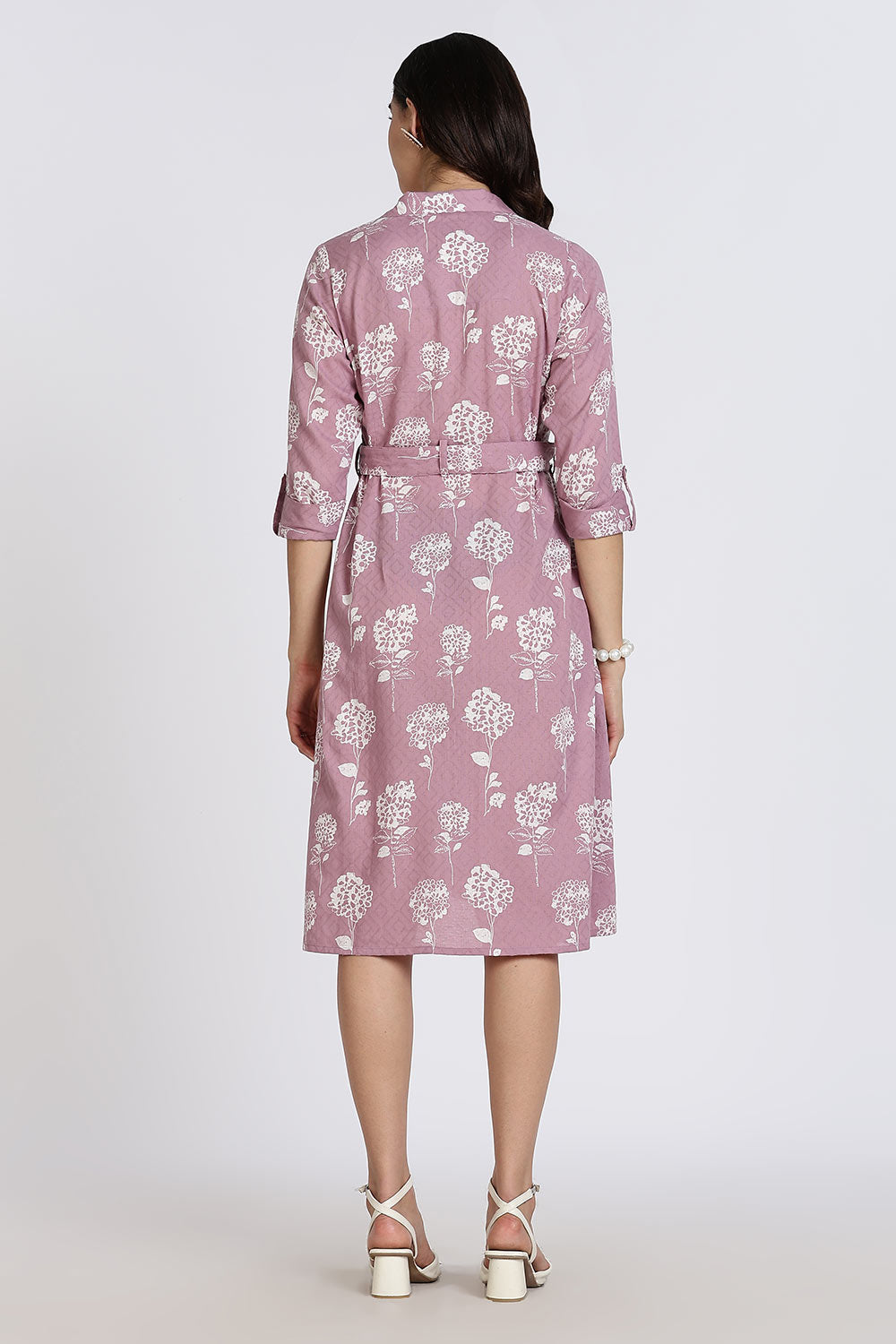 Mythri Women’s Dress Cotton Shirt Dress Casual Button Down Belted Midi Dress with Flare and Foldable Sleeves - Purple - DR06