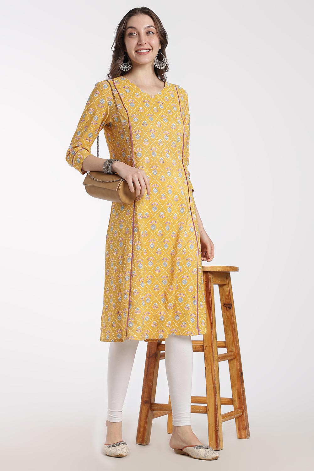 Mythri Women’s Cotton Chanderi Embroidered Kurti – V-Neck 3/4 Sleeve Butta Print Kurti with Contrast Piping | Everyday Ethnic Kurti for Women - 1203