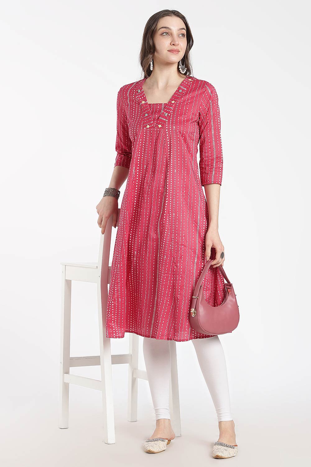 Mythri Women’s Cotton Chanderi Embroidered Kurti – V-Neck 3/4 Sleeve Butta Print Ethnic Kurti for Women | Everyday Cotton Kurti - 1205