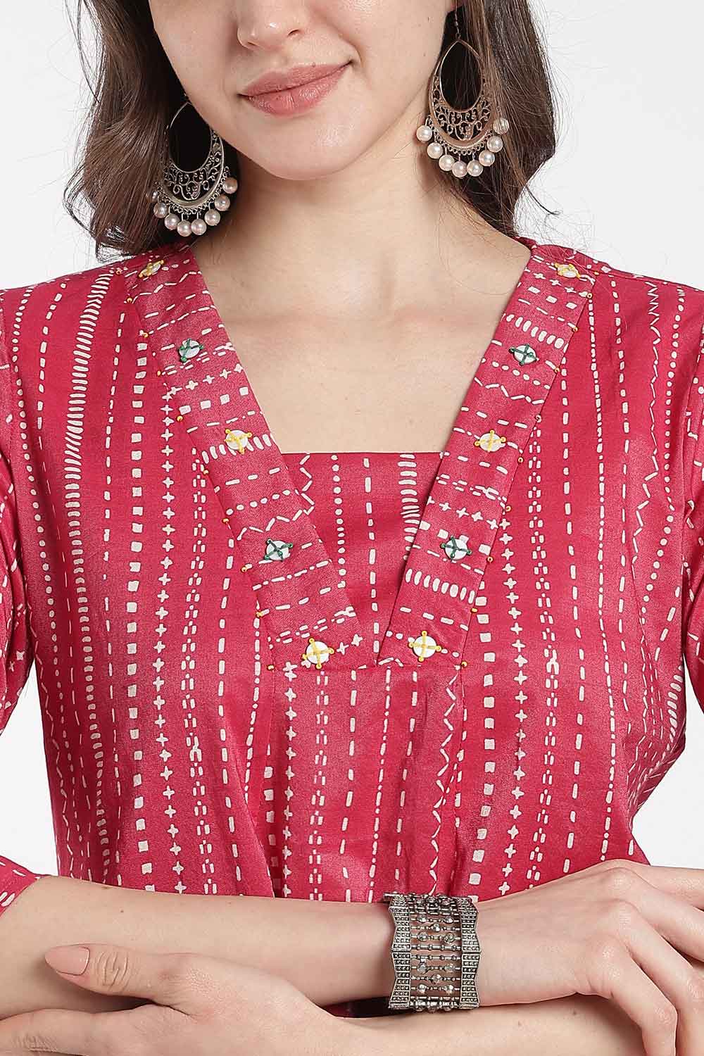 Mythri Women’s Cotton Chanderi Embroidered Kurti – V-Neck 3/4 Sleeve Butta Print Ethnic Kurti for Women | Everyday Cotton Kurti - 1205