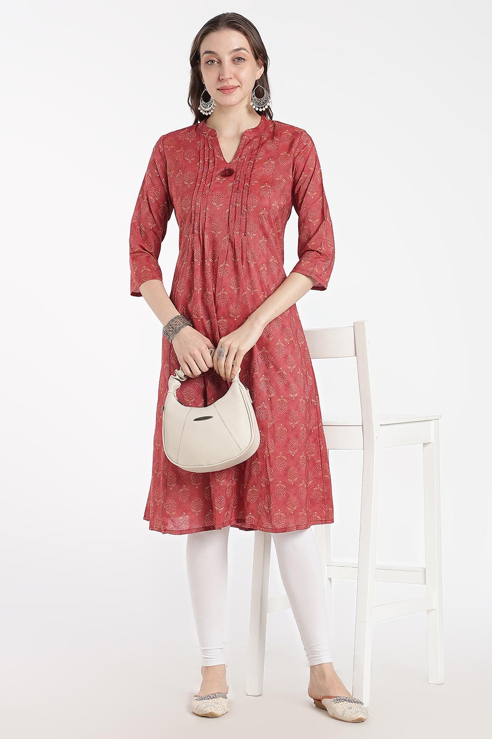 Mythri Women’s Cotton Chanderi Kurti – Mandarin Collar Pintuck Kurti with 3/4 Sleeves | Butta Print Ethnic Kurti for Women - 1207