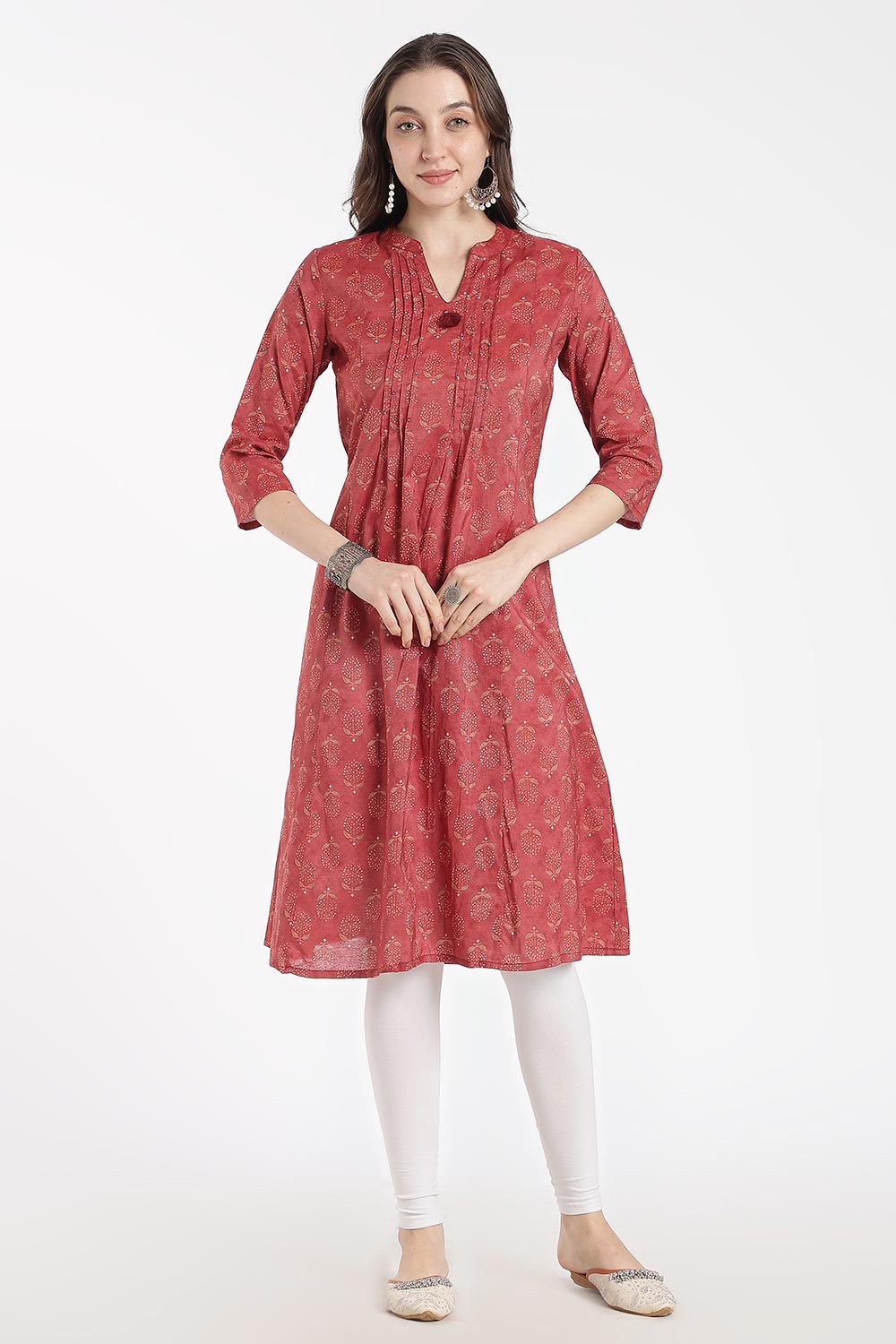 Mythri Women’s Cotton Chanderi Kurti – Mandarin Collar Pintuck Kurti with 3/4 Sleeves | Butta Print Ethnic Kurti for Women - 1207