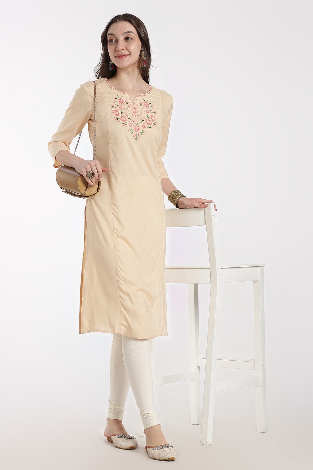 Mythri Rayon Kurti for Women – Regular Fit Embroidered Kurti with Round Neck V-Notch | Everyday Wear Kurta - RS09