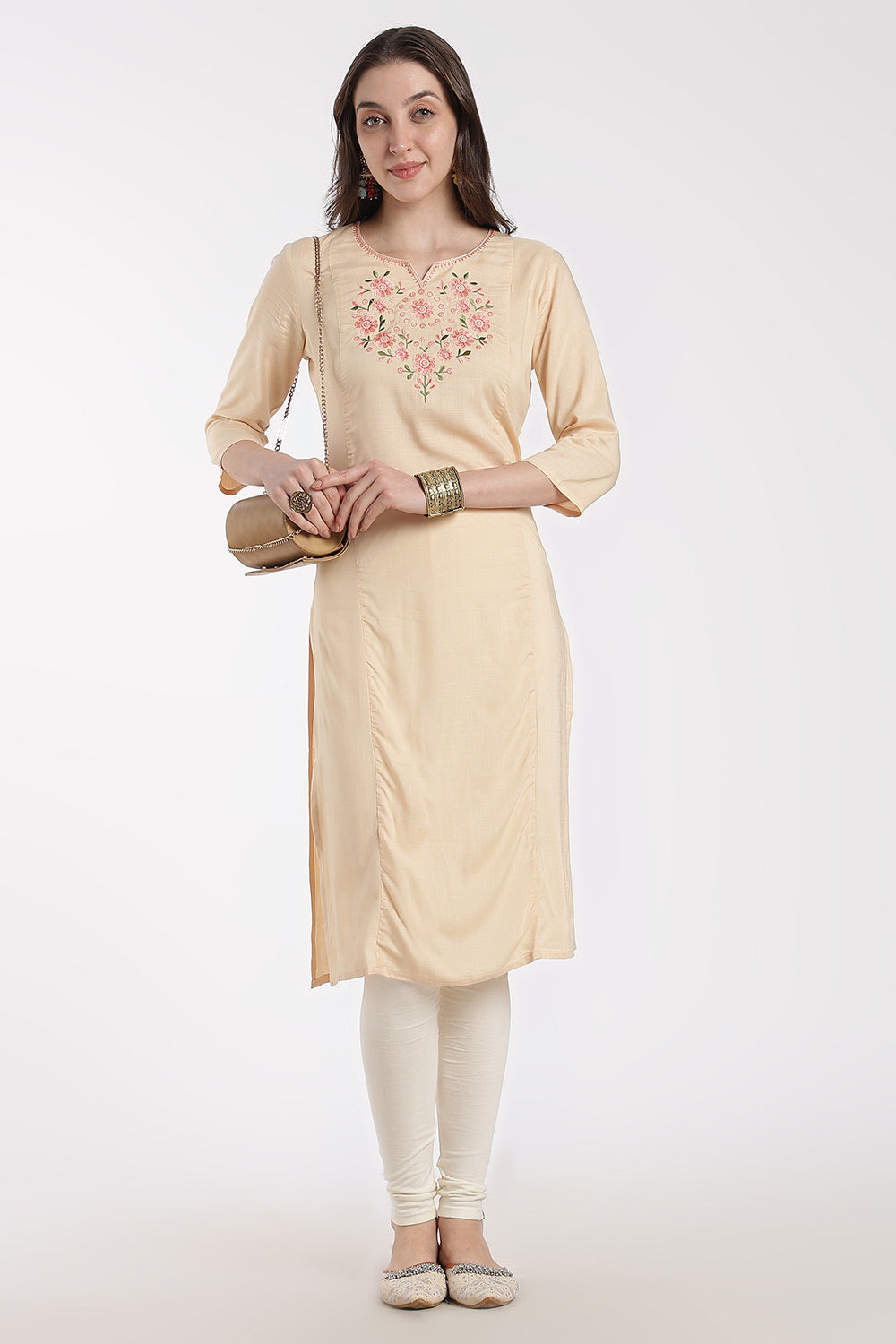 Mythri Rayon Kurti for Women – Regular Fit Embroidered Kurti with Round Neck V-Notch | Everyday Wear Kurta - RS09