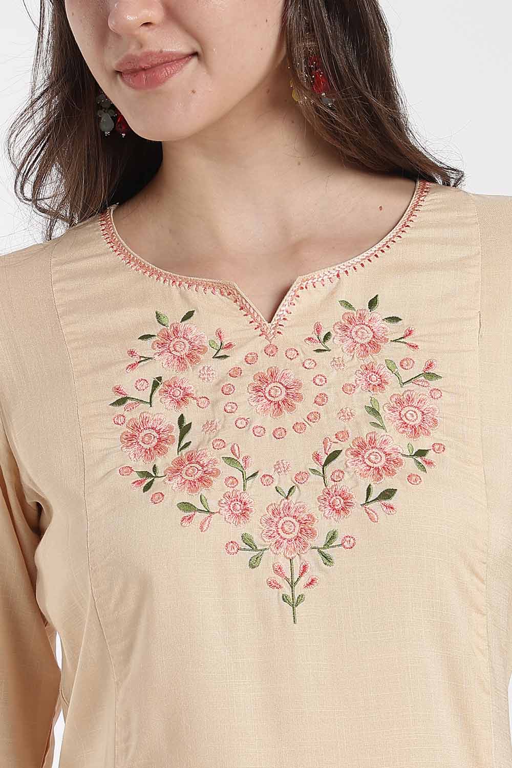 Mythri Rayon Kurti for Women – Regular Fit Embroidered Kurti with Round Neck V-Notch | Everyday Wear Kurta - RS09