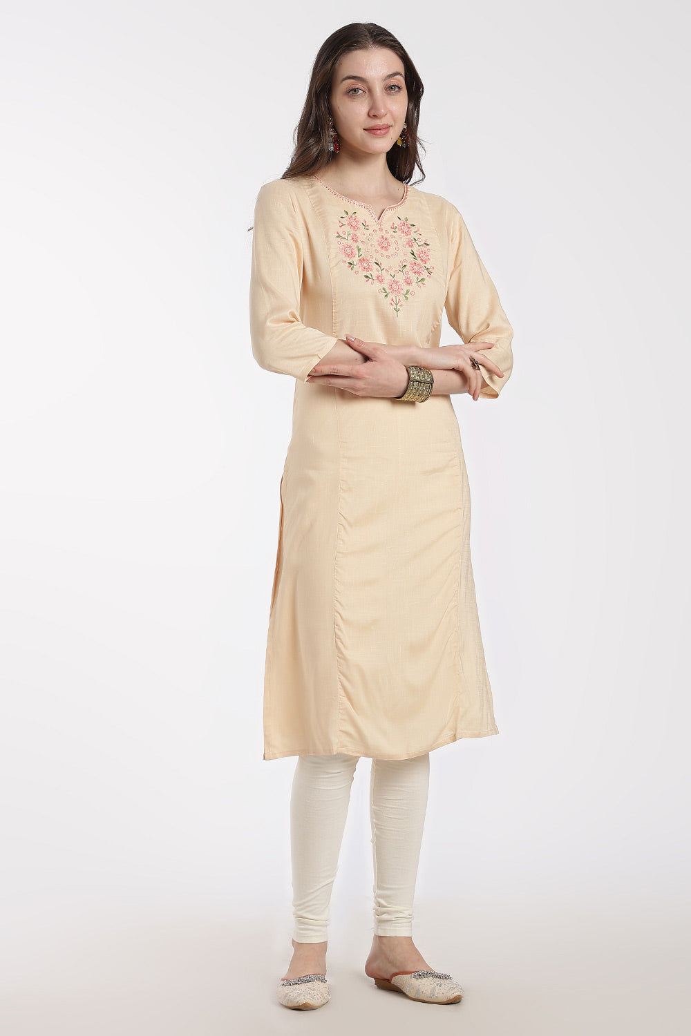 Mythri Rayon Kurti for Women – Regular Fit Embroidered Kurti with Round Neck V-Notch | Everyday Wear Kurta - RS09