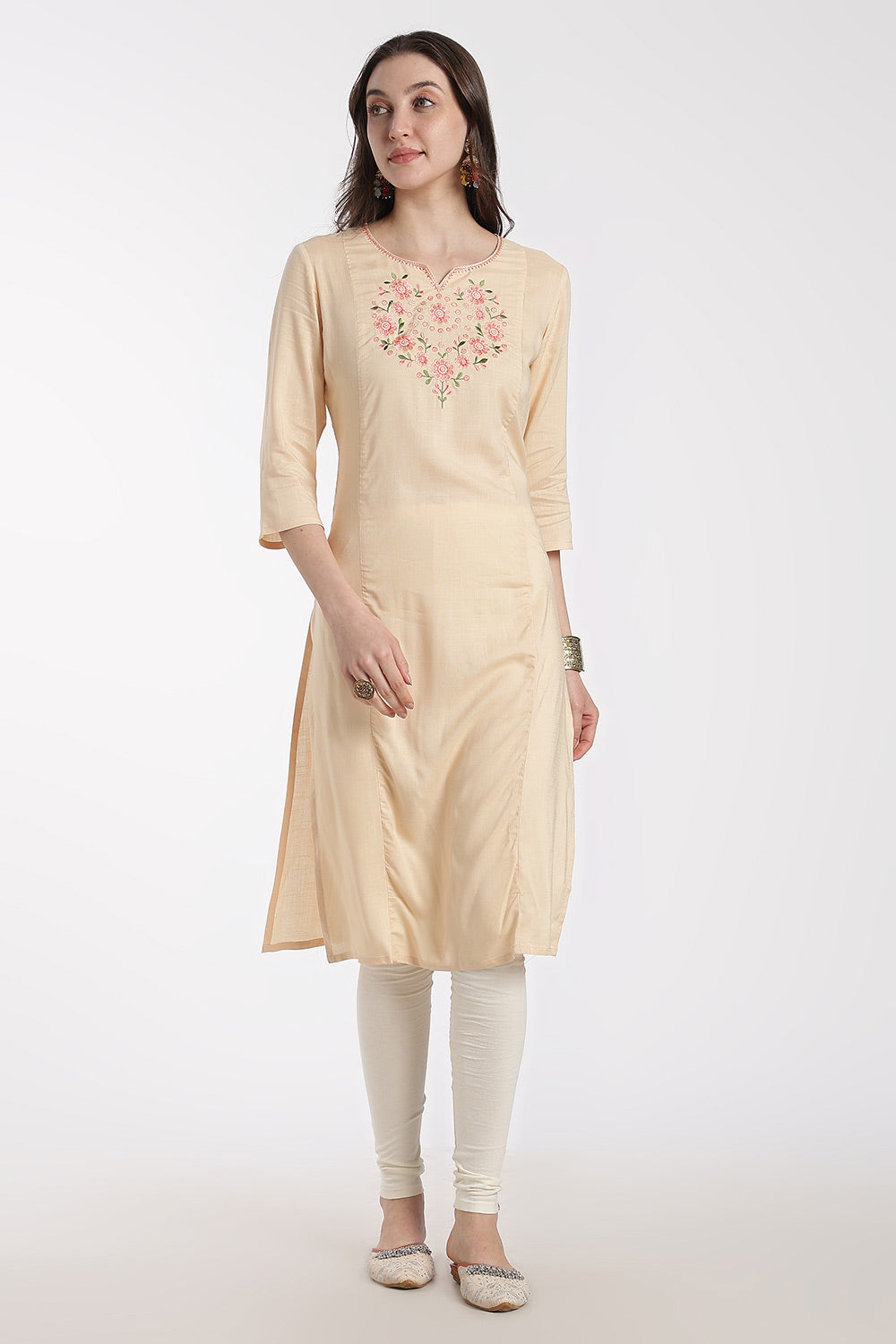 Mythri Rayon Kurti for Women – Regular Fit Embroidered Kurti with Round Neck V-Notch | Everyday Wear Kurta - RS09