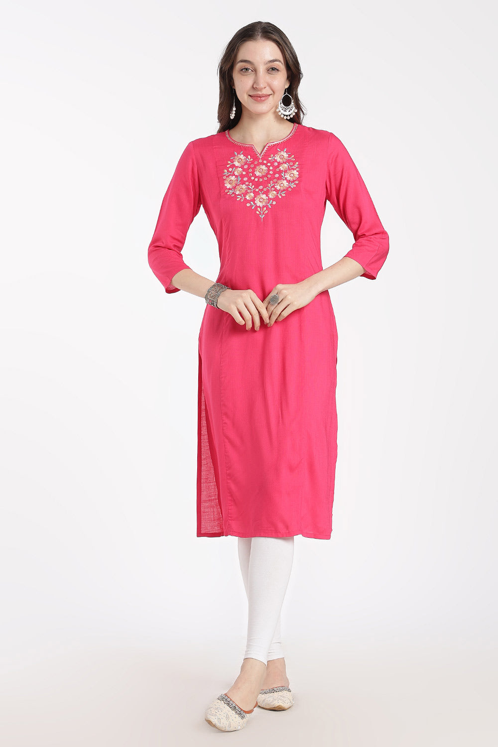 Mythri Rayon Kurti for Women – Regular Fit Embroidered Kurti with Round Neck V-Notch | Everyday Wear Kurta - RS09